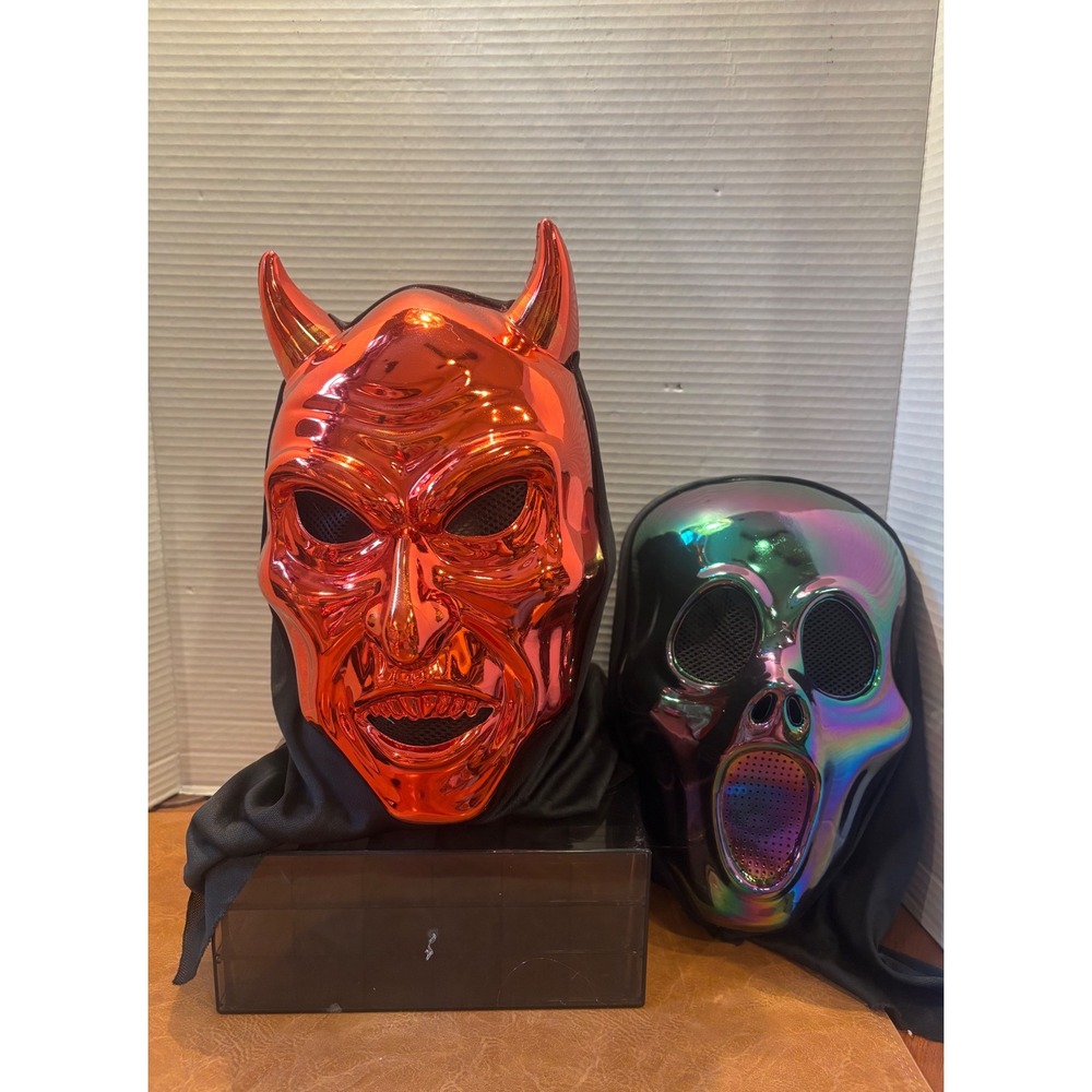 Metallic Halloween Mask Set Red Chrome Devil and Iridescent Oil Slick Skull
